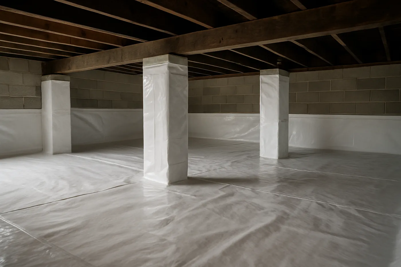 Reinforced vapor barrier sealed to piers and foundation wall in a Tennessee Valley crawl space